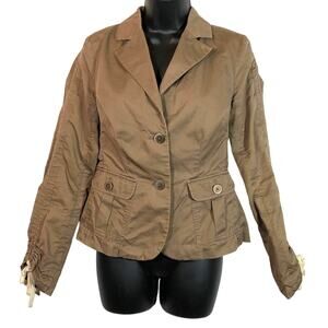 Tan Khaki Button Up Jacket Ruched Sleeves with Ties Pockets Women Small